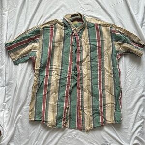 Vintage Green and Red Casual Button Down Shirt with Striped Pattern